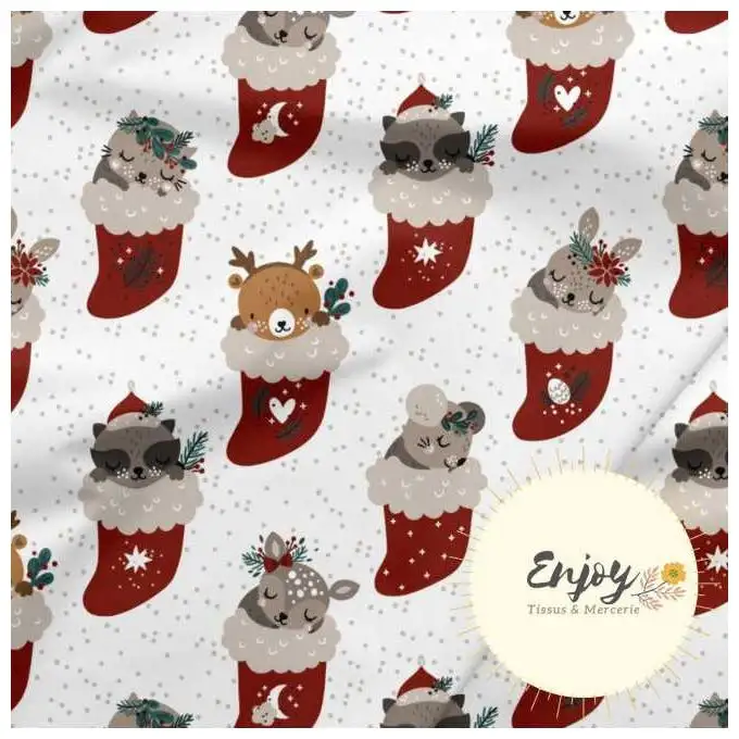 Tessuto French Terry Natale Animali Calzino Rosso venduto al metro