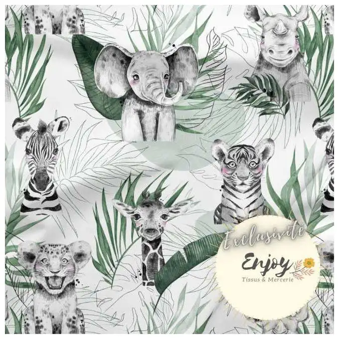 Tessuto Jersey Animali Savana Verde Giada venduto al metro