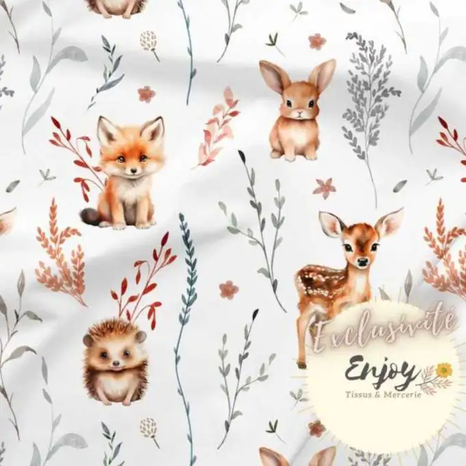 Cotone Premium 100% Animali della Foresta Volpe Beige venduto al metro