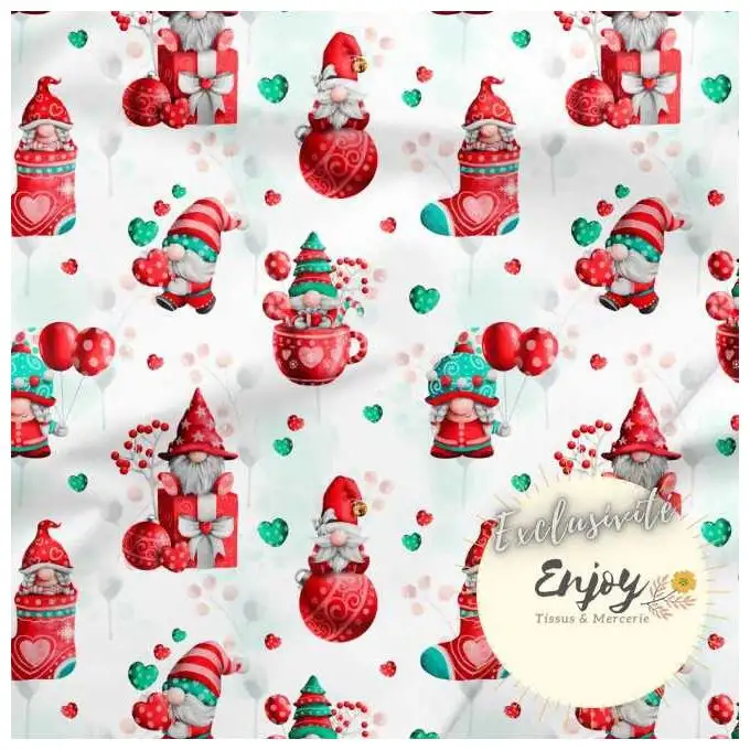 Tessuto French Terry Natale Gnomo Rosso Verde venduto al metro