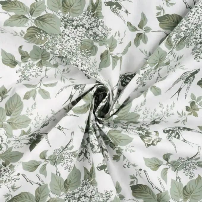 Tessuto popeline cotone stampato fiore romantico verde mandorla