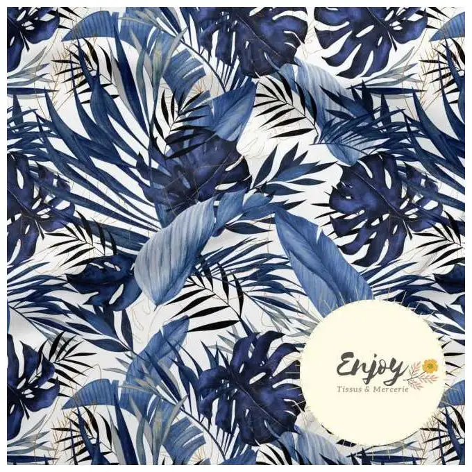 Tessuto Jersey Natura Fogliame Tropicale Giungla Blu venduto al metro