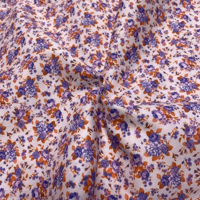 Tessuto voile di cotone morbido lilla bouquet floreale inglese arancione