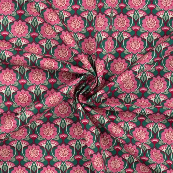 Tessuto popeline cotone stampato fiori indiani geo rosa