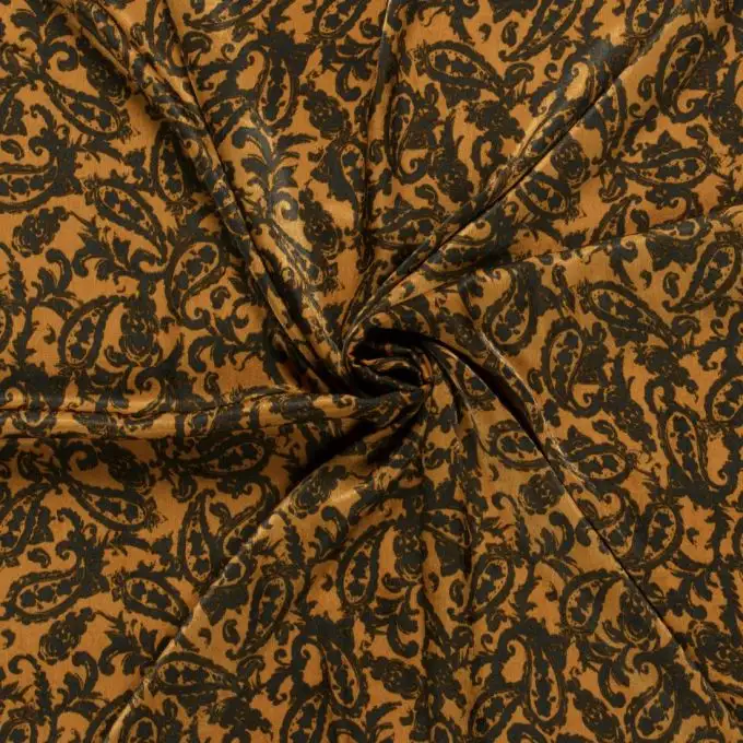 Tessuto satin poliestere morbido tocco seta cachemire fou ocra e nero