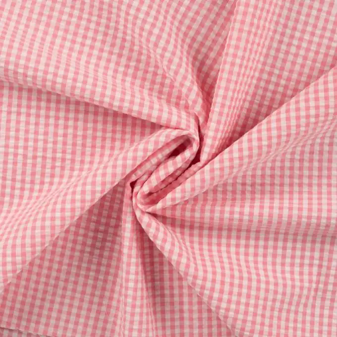 Tessuto seersucker stampato mini vichy rosa