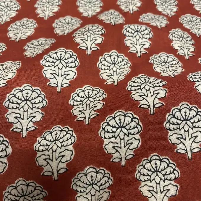 Tessuto voile di cotone stampa block print bicolore fiore rosso