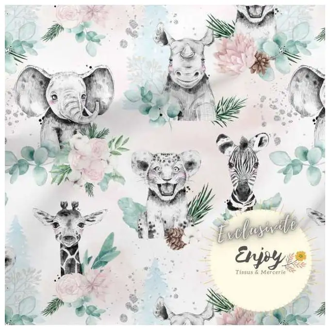 Tessuto Jersey Animali Savana Boho Rosa venduto al metro