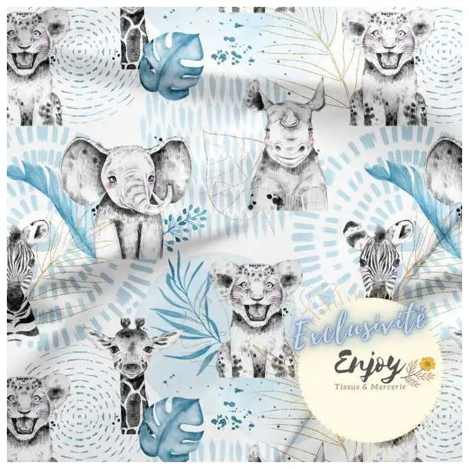 Tessuto French Terry Animali Savana Blu venduto al metro