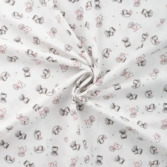 Tessuto popeline di cotone stampato gufo ecru