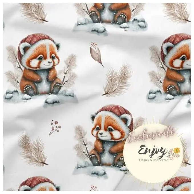 Tessuto French Terry Animali Panda Rosso Beige venduto al metro