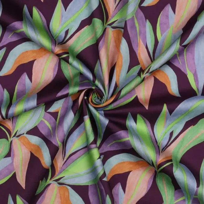 Tessuto satin cotone digitale morbido foglie multicolore sfondo viola scuro - Poppy Fabrics