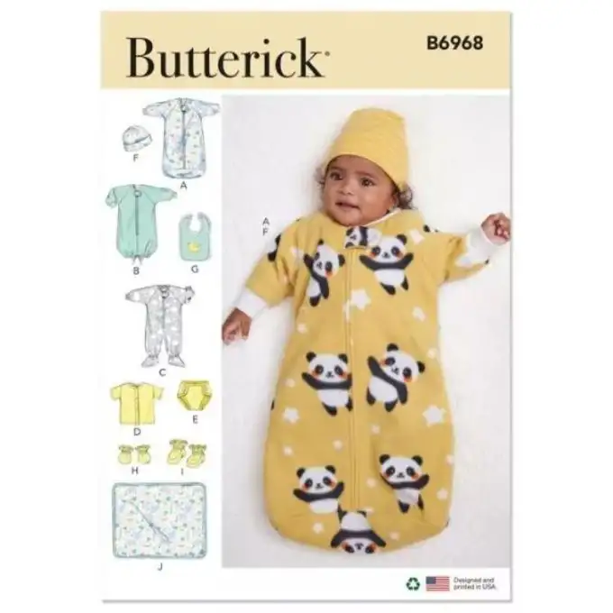Modello Butterick B6968A tutina neonato 1 mese a 24 mesi