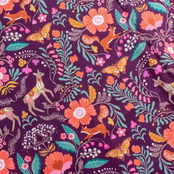 Tessuto popeline cotone bordeaux stampato animali floreali Wild Folk - Dashwood