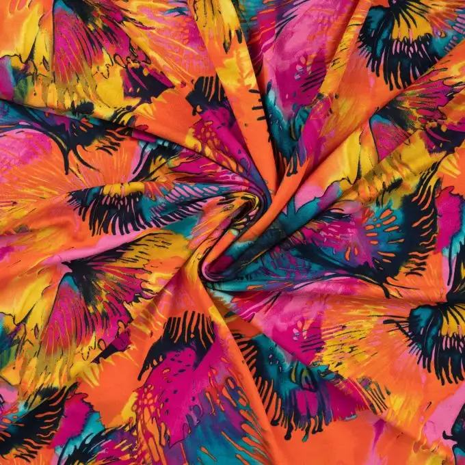Tessuto jersey viscosa elastan foglia psichedelica multicolore