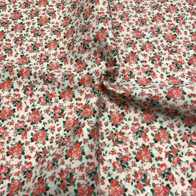 Tessuto voile di cotone morbido ecru bouquet floreale inglese corallo