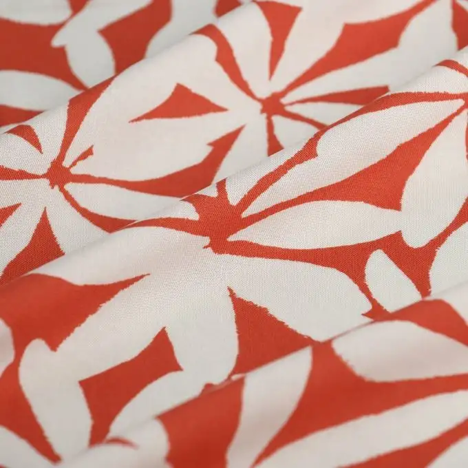 Tessuto popeline viscosa grande margherita ecru rosso
