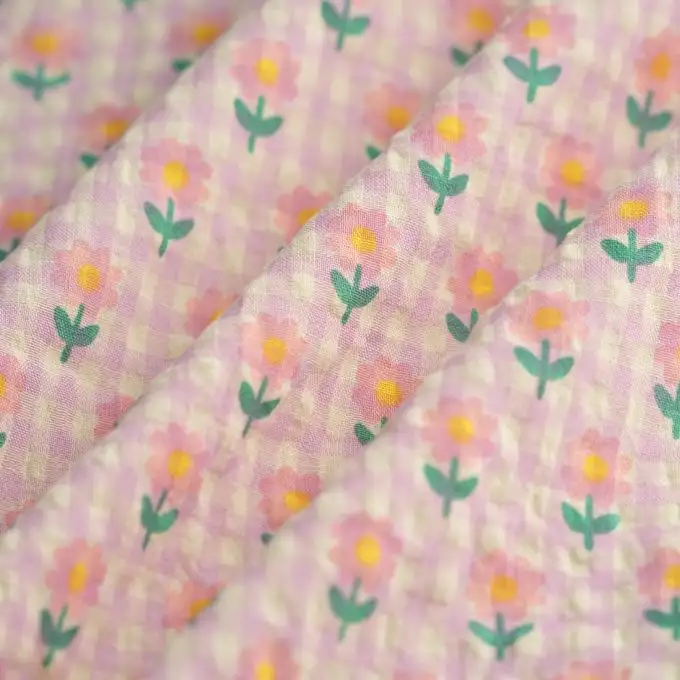Tessuto popeline cotone poliestere quadri vichy fiore rosa