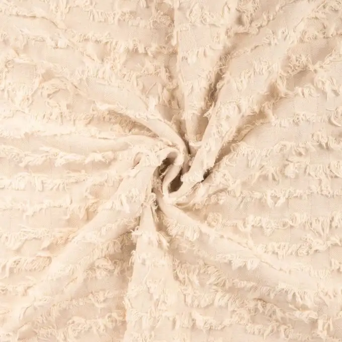 Tessuto jeans stampato a scacchi frangiato ecru