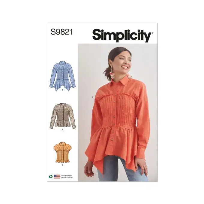 Cartamodello Simplicity S9821.H5 Camicia con varianti colletto maniche orlo per donna 38 a 46