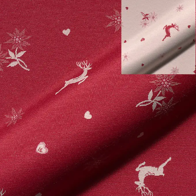Tessuto jacquard leggero rosso motivi cervo Edelweiss cuore bianco