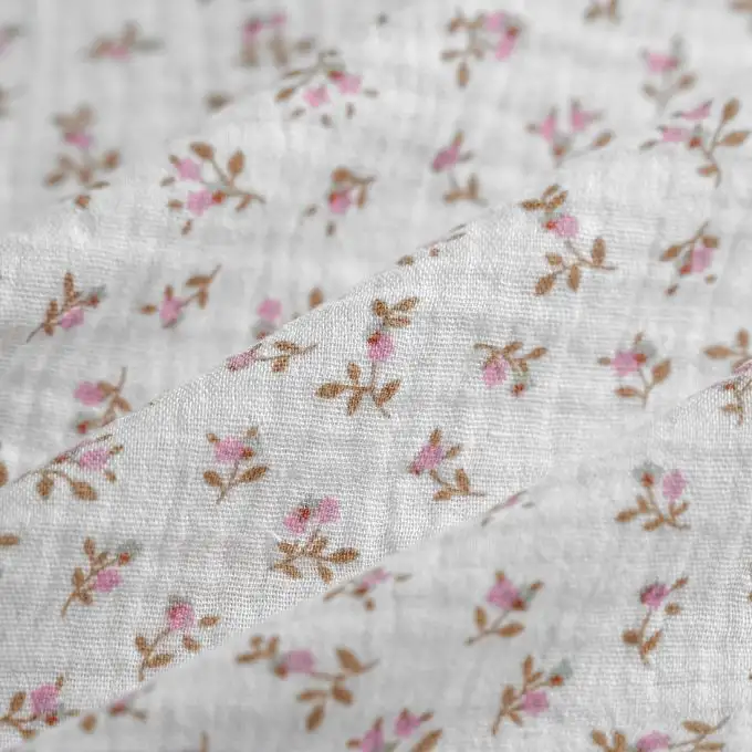 Tessuto doppio garza mini bouquet rosa ecrù