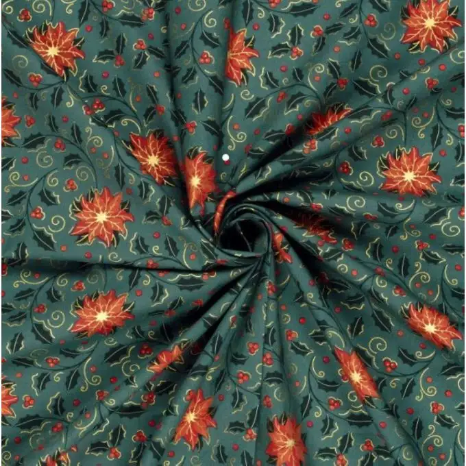 Tessuto cotone natalizio poinsettia dorata verde