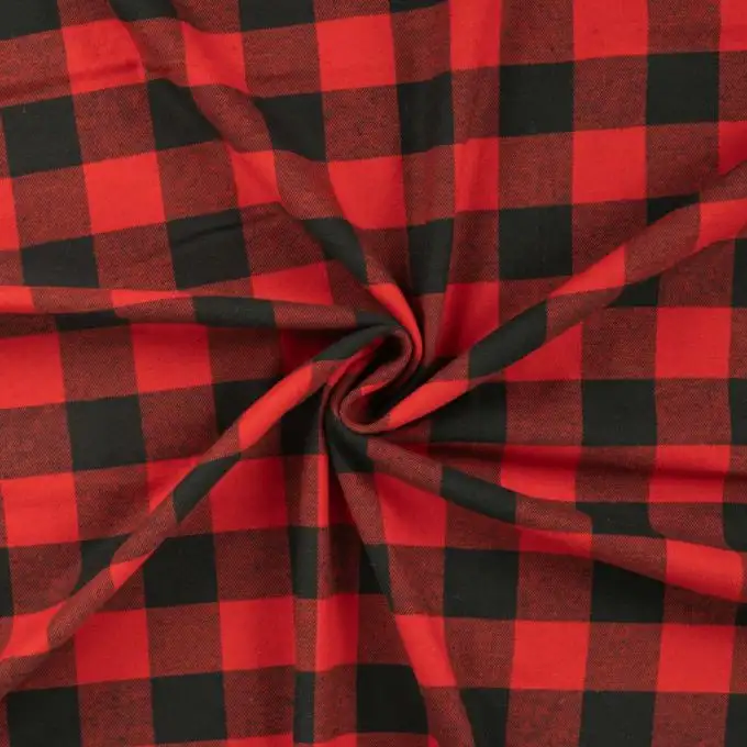 Tessuto twill cotone stampato quadri rosso e nero