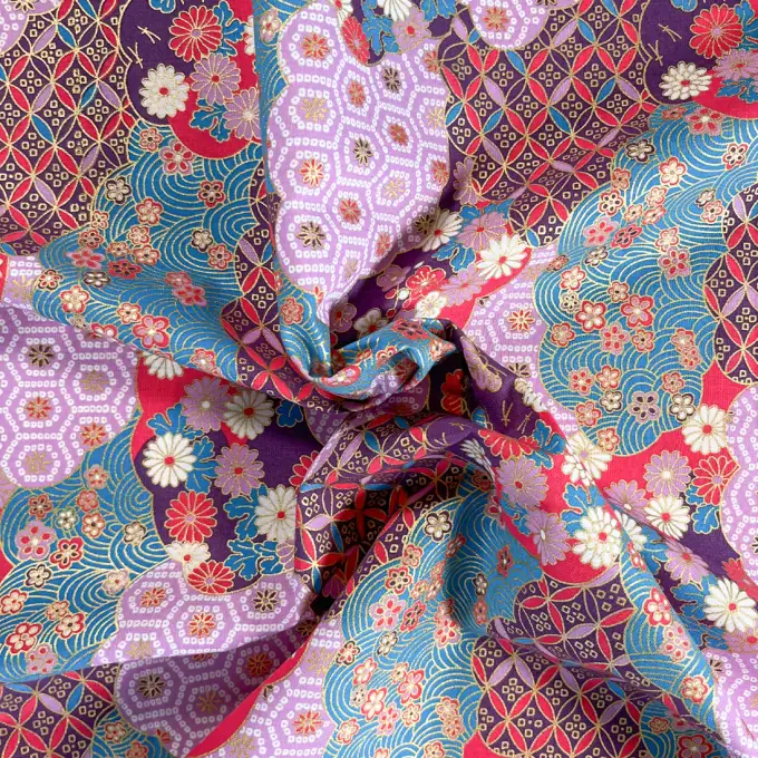 Tessuto giapponese multicolore fiori e geometrico viola - NAKA