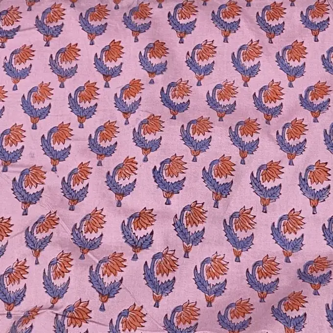 Tessuto cotone stampa block print dente di leone rosso rosa