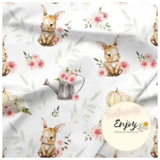 Tessuto Jersey Animali Coniglio Fiori Rosa venduto al metro