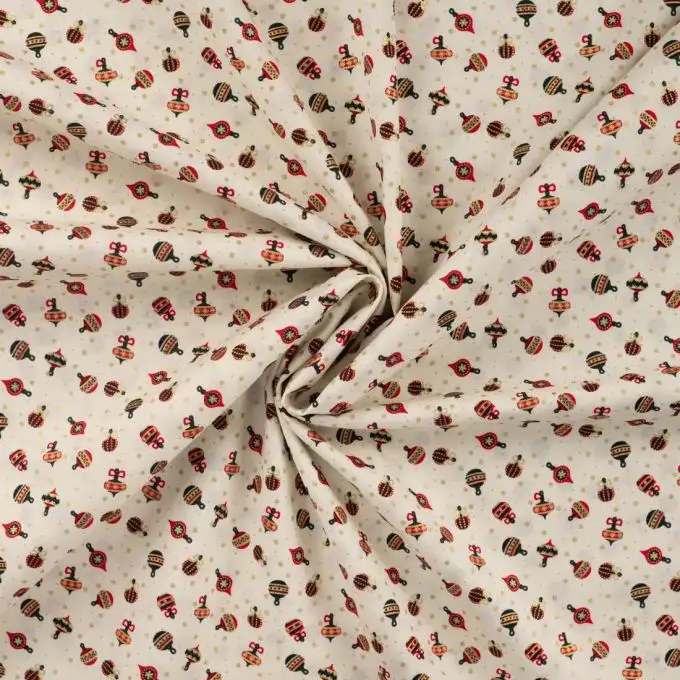 Tessuto popeline cotone Natale palline multicolori oro