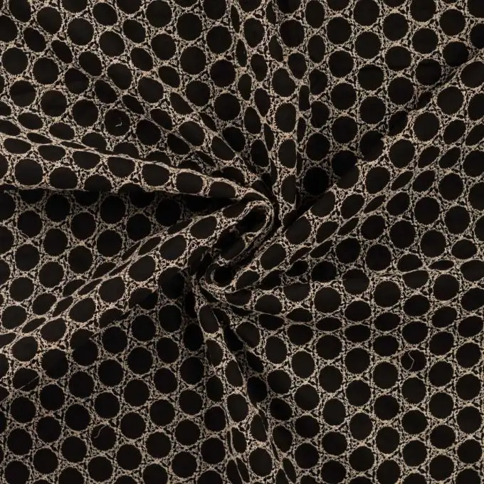 Tessuto cotone ricamato rotondo geo nero