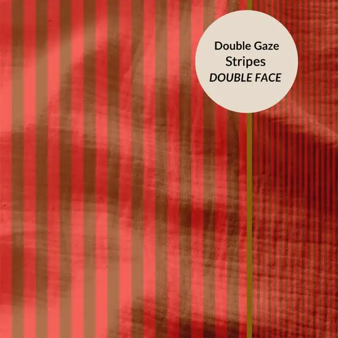Tessuto doppio gaze rigato maxi mini dritto rovescio havana e hibisco rosso