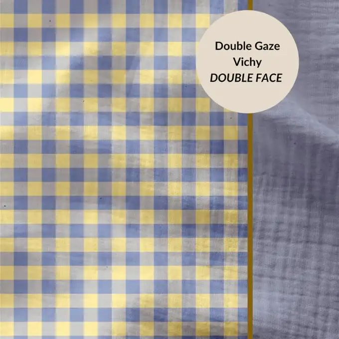 Tessuto doppio garza vichy limone e baltico retro unito blu
