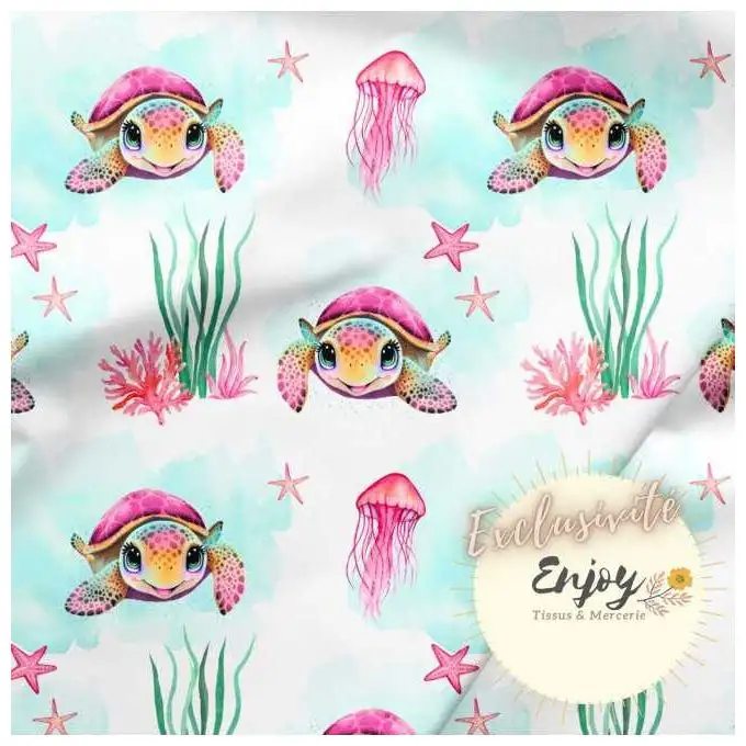 Tessuto Jersey Animali del Mare Tartaruga Rosa venduto al metro