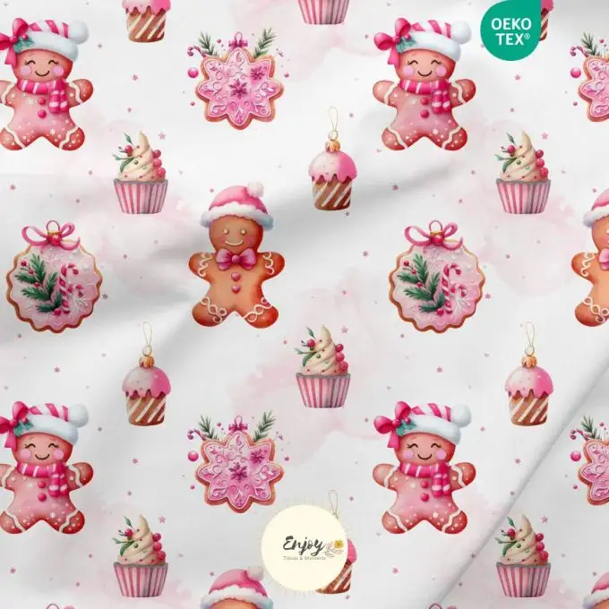 Jersey 100% cotone Natale Pan di Zenzero rosa venduto al metro