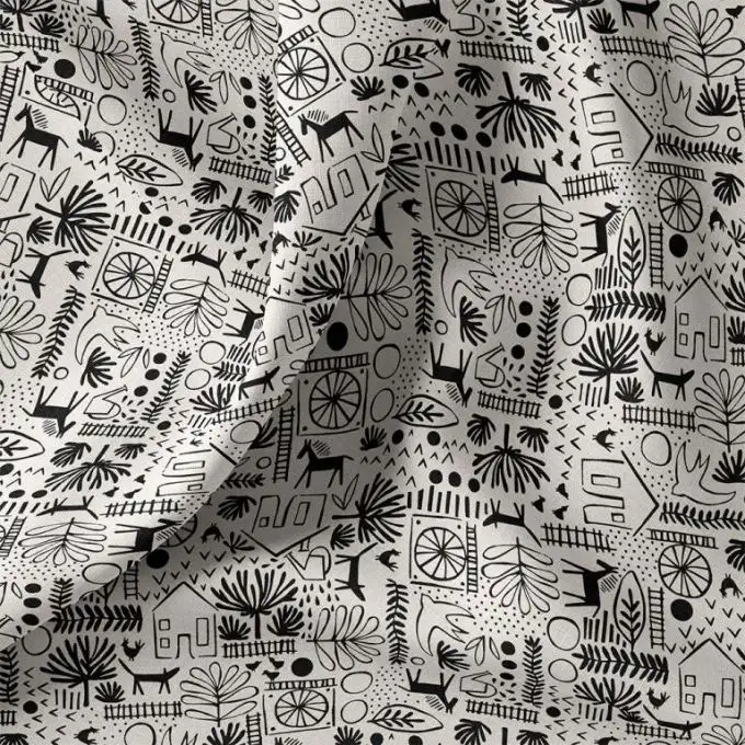 Tessuto cretonne stampato paesaggio disegnato folk bianco e nero