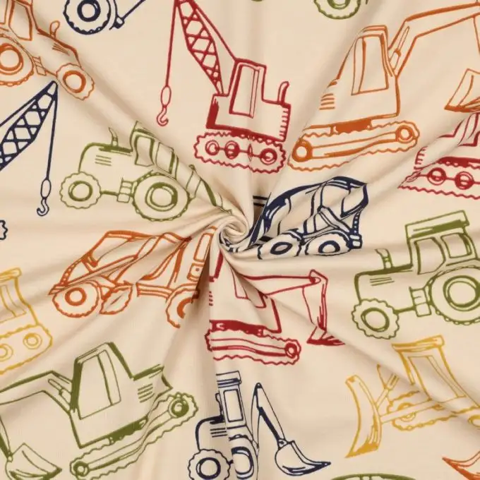 Tessuto French Terry stampato veicoli da cantiere beige - Poppy Fabrics