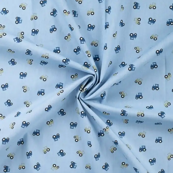 Tessuto popeline di cotone stampato piccolo trattore blu