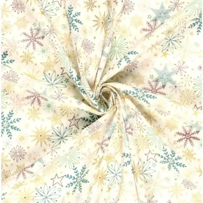 Tessuto cotone natalizio multi fiocchi dorati ecru