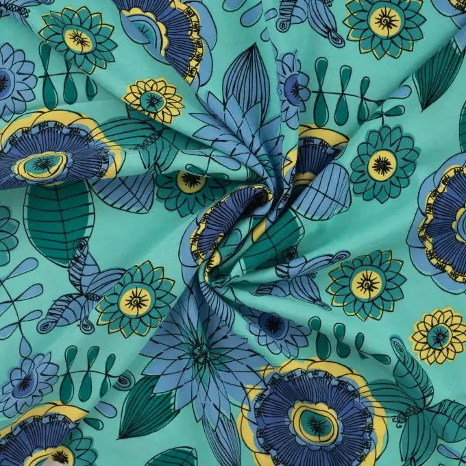 Tessuto viscosa chally stampato grande fiore naif blu