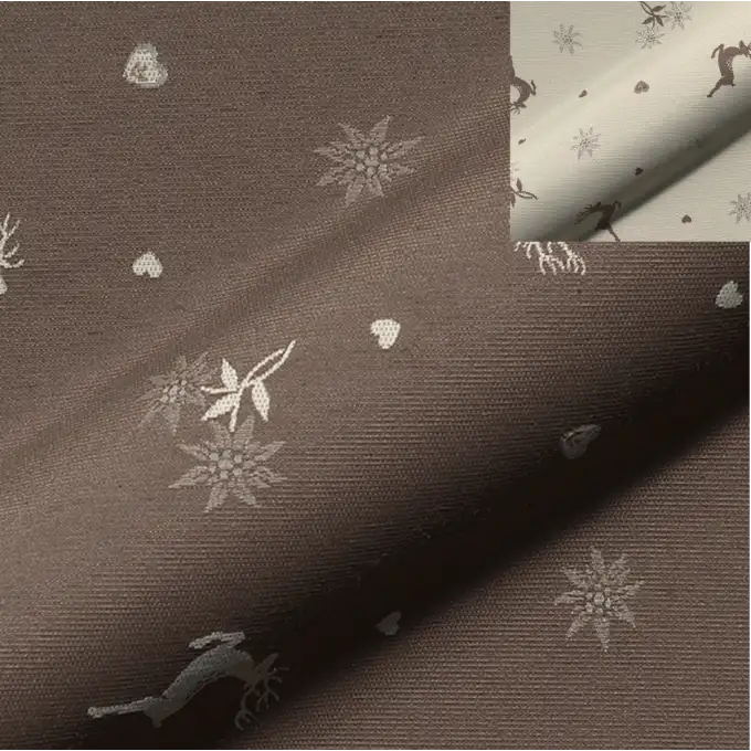 Tessuto jacquard leggero taupe motivi cervo Edelweiss cuore marrone