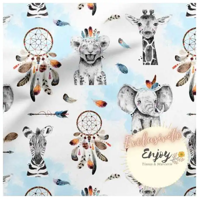 Tessuto Jersey Animali della Savana Acchiappasogni Blu venduto al metro