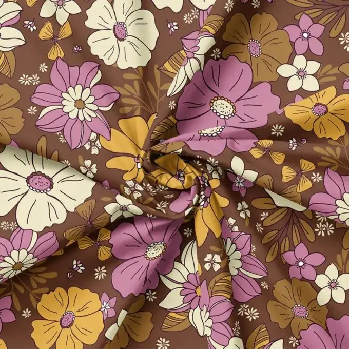 Tessuto popeline cotone maxi fiore rosa marrone