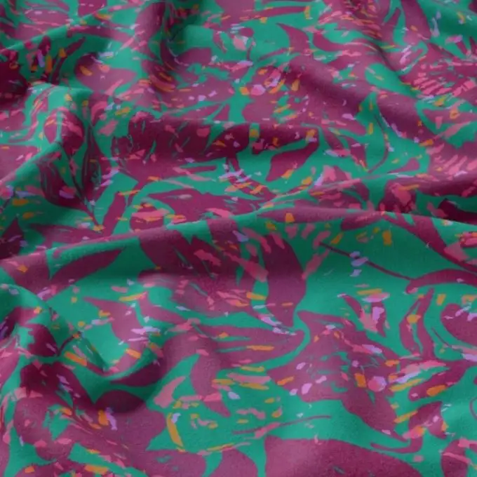 Tessuto viscosa stampato fiore viola puntinato verde