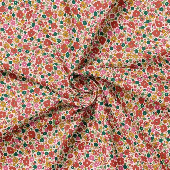 Tessuto popeline cotone mini fiore rosa multicolore