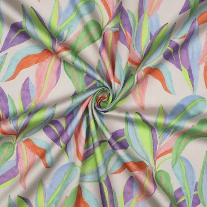 Tessuto satin cotone digitale morbido foglie multicolore fondo ecru - Poppy Fabrics