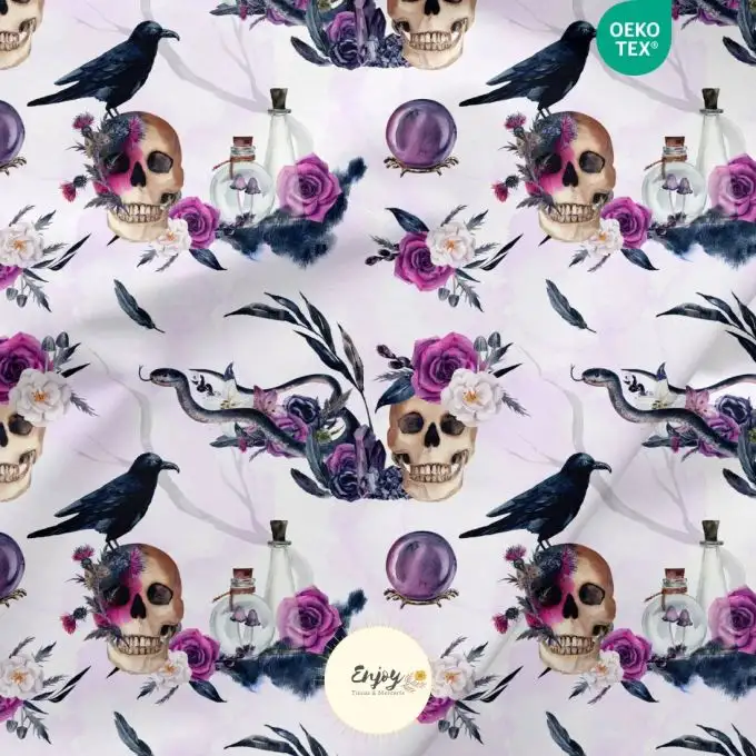 Jersey Tessuto Halloween Teschio Strega Viola venduto al metro