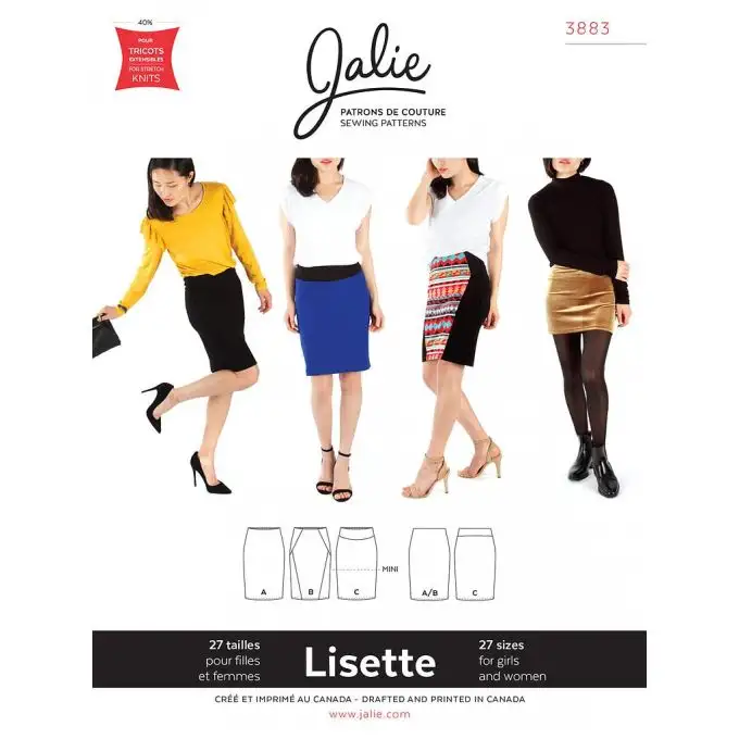 Patron Jalie 3883 Lisette gonna a tubino da infilare per bambino e adulto